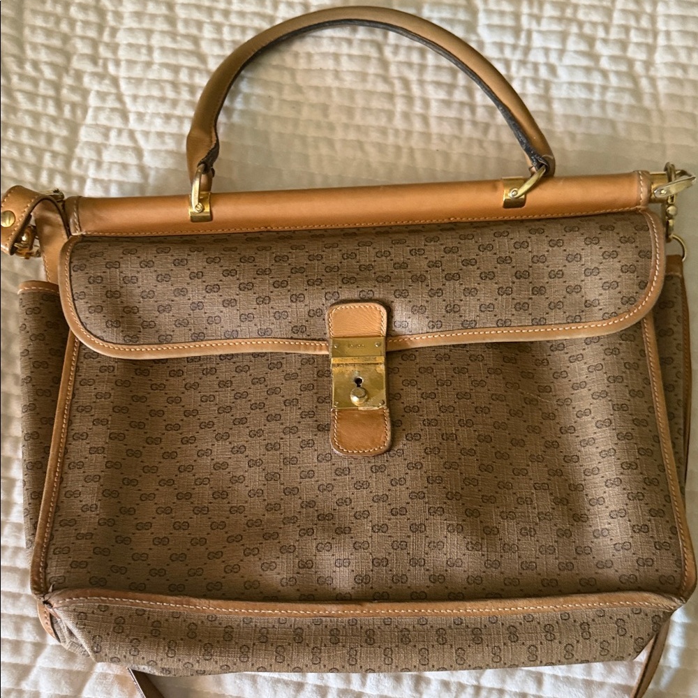 Gucci Brown GG Canvas Top Handle Bag with Tan Leather Trim